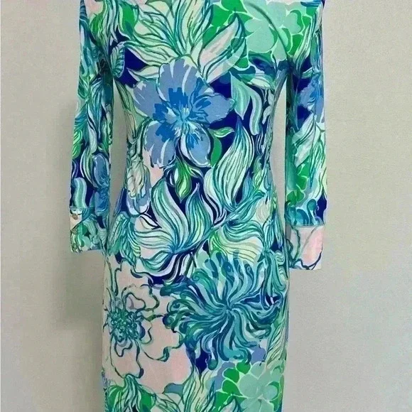 150. Lilly Pulitzer Sophie Dress Party Thyme 3/4 Sleeve UPF 50+ Straight Fit - Picture 6 of 8